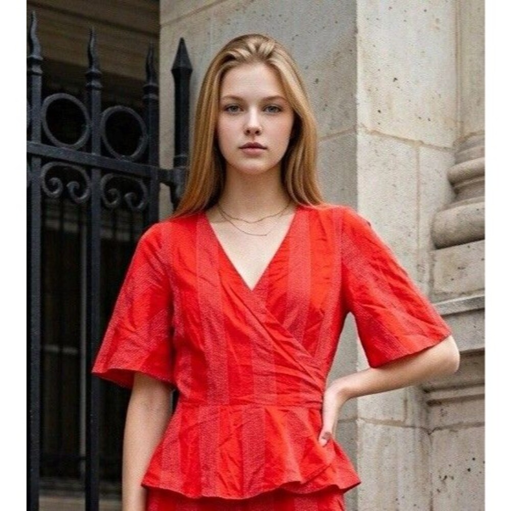 LOFT Red White Striped Woven Wrap V-Neck Short Sleeve Ruffle Tie Blouse L